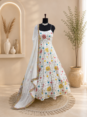 Off white faux georgette embroidered anarkali suit set 2