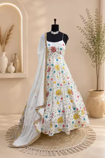 Off white faux georgette embroidered anarkali suit set