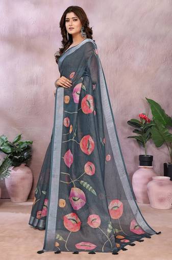 grey colour Elegant printed ready to wear linen shimmer saree with designer blouse