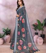 grey colour Elegant printed ready to wear linen shimmer saree with designer blouse