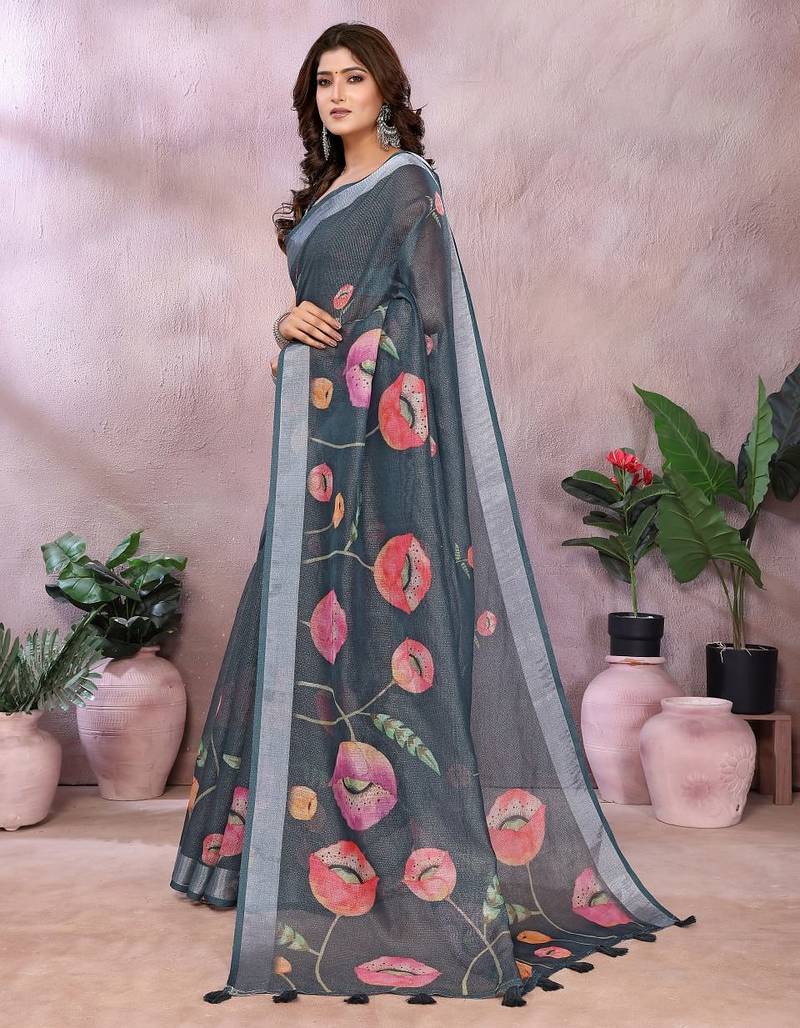 grey colour Elegant printed ready to wear linen shimmer saree with designer blouse