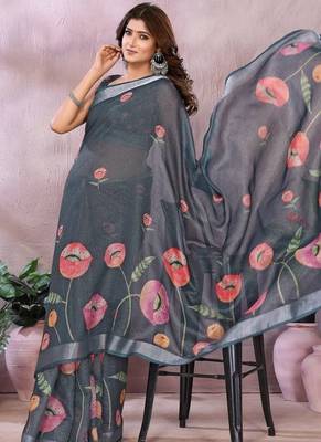 grey colour Elegant printed ready to wear linen shimmer saree with designer blouse 2