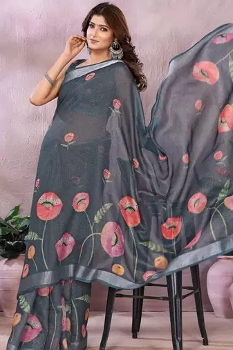 grey colour Elegant printed ready to wear linen shimmer saree with designer blouse