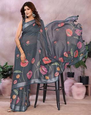 grey colour Elegant printed ready to wear linen shimmer saree with designer blouse 4