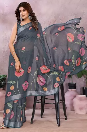 grey colour Elegant printed ready to wear linen shimmer saree with designer blouse