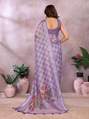 Elegant printed ready to wear linen shimmer saree with designer blouse 2