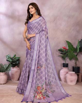 Elegant printed ready to wear linen shimmer saree with designer blouse 3