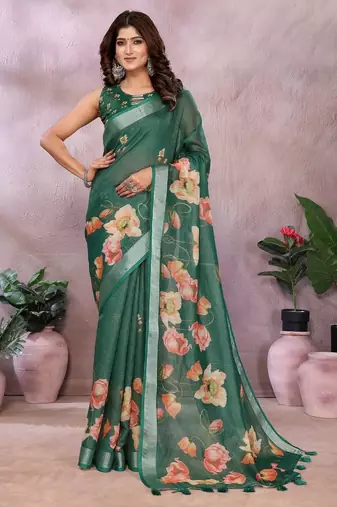 Elegant printed ready to wear linen shimmer saree with designer blouse