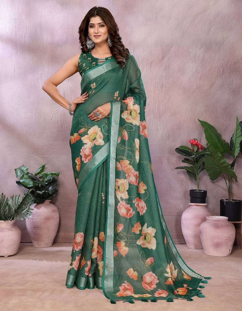 Elegant printed ready to wear linen shimmer saree with designer blouse