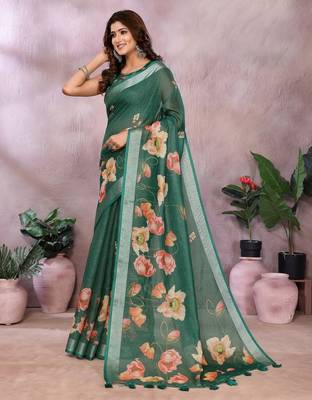 Elegant printed ready to wear linen shimmer saree with designer blouse 3