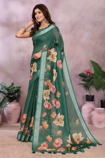 Elegant printed ready to wear linen shimmer saree with designer blouse