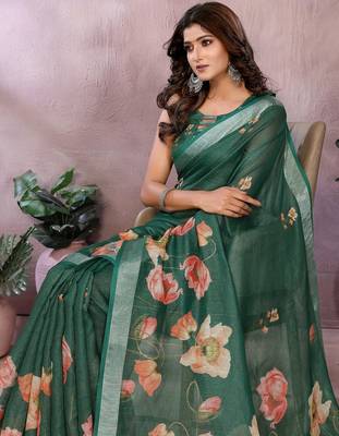 Elegant printed ready to wear linen shimmer saree with designer blouse 4