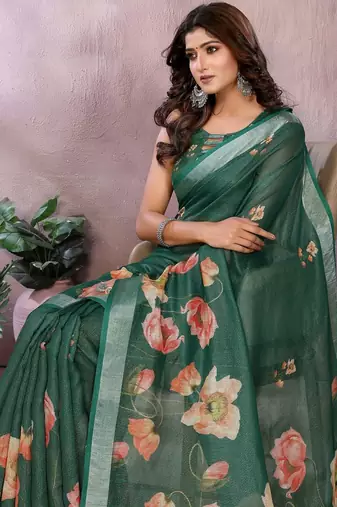 Elegant printed ready to wear linen shimmer saree with designer blouse