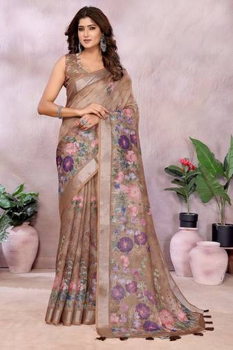 brown colour Elegant printed ready to wear linen shimmer saree with designer blouse
