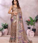 brown colour Elegant printed ready to wear linen shimmer saree with designer blouse