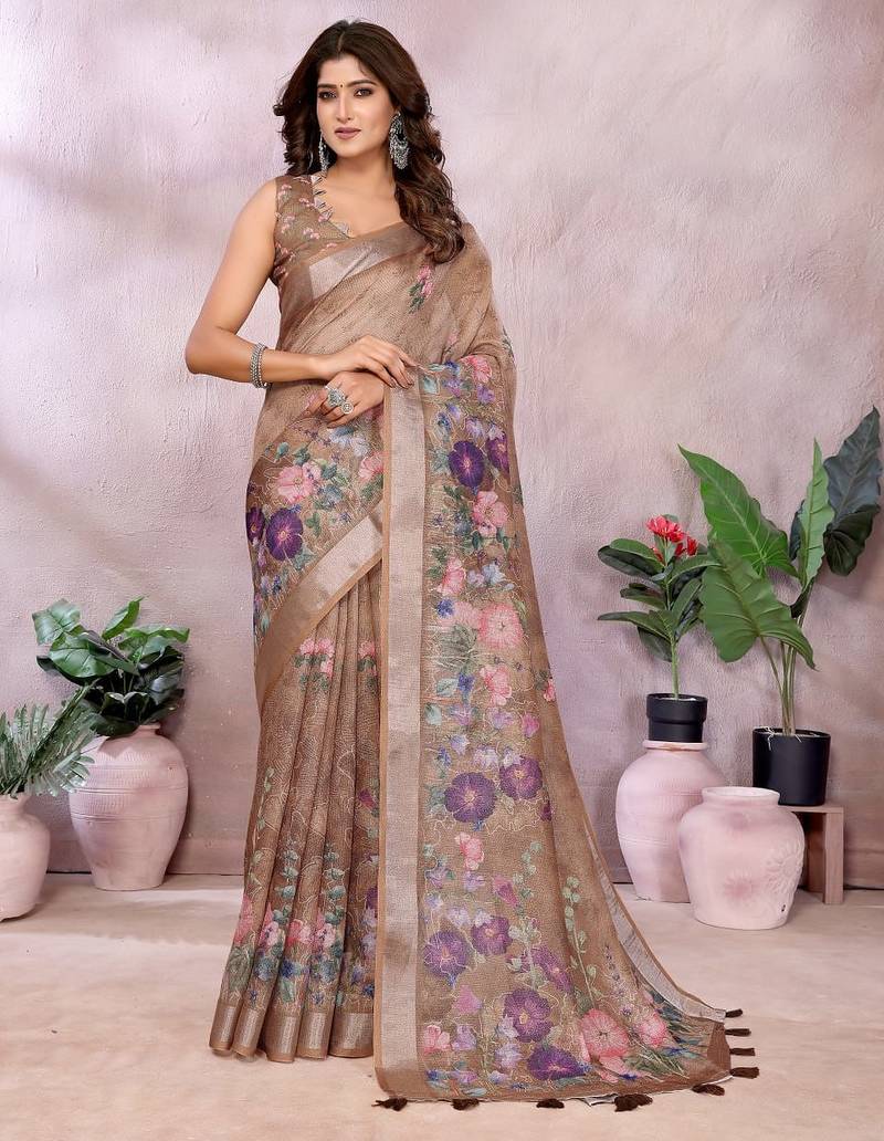 brown colour Elegant printed ready to wear linen shimmer saree with designer blouse