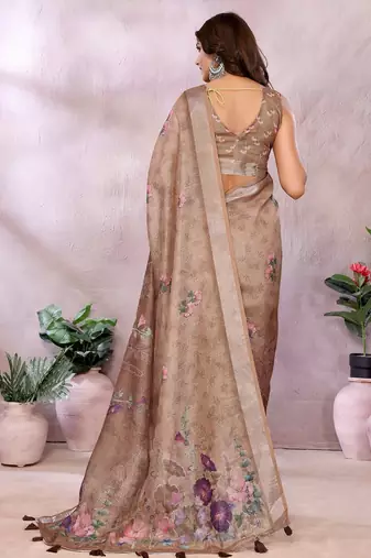 brown colour Elegant printed ready to wear linen shimmer saree with designer blouse