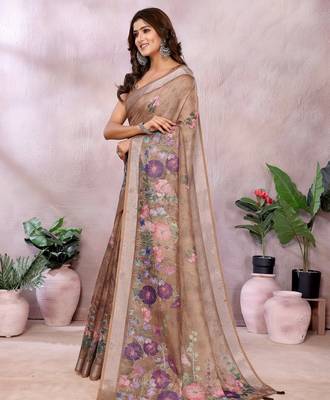 brown colour Elegant printed ready to wear linen shimmer saree with designer blouse 3