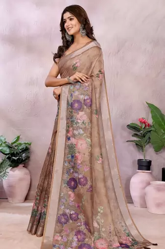 brown colour Elegant printed ready to wear linen shimmer saree with designer blouse
