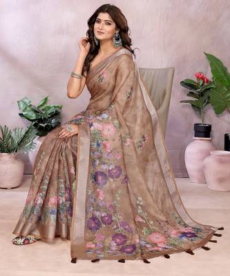 brown colour Elegant printed ready to wear linen shimmer saree with designer blouse 4