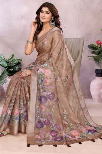 brown colour Elegant printed ready to wear linen shimmer saree with designer blouse