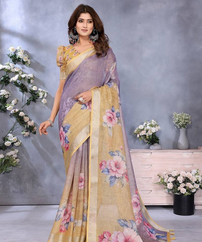 Elegant printed ready to wear linen shimmer saree with designer blouse