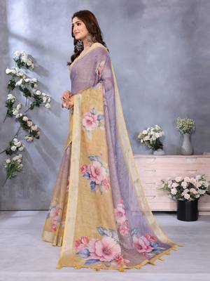 Elegant printed ready to wear linen shimmer saree with designer blouse 2