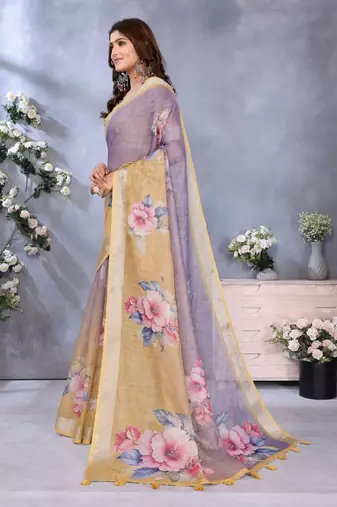 Elegant printed ready to wear linen shimmer saree with designer blouse