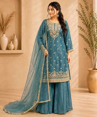 Teal blue fandy silk embroidered palazzo suit set 1