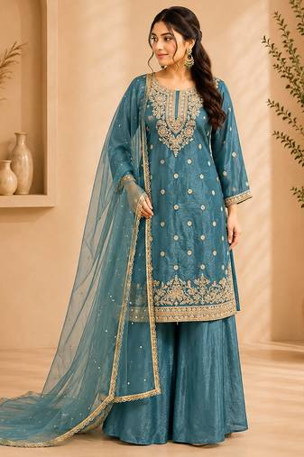 Teal blue fandy silk embroidered palazzo suit set