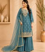 Teal blue colour fandy silk embroidered palazzo suit set