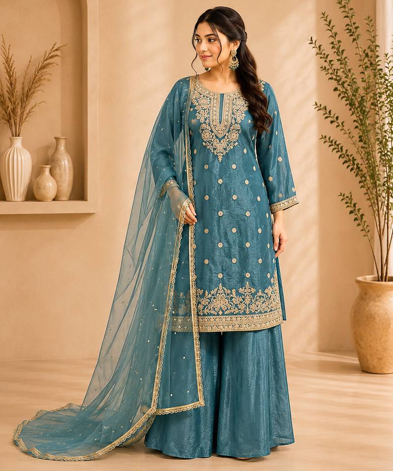 Teal blue colour fandy silk embroidered palazzo suit set