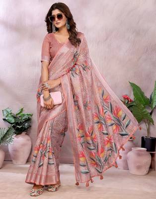 coral colour Elegant printed ready to wear linen shimmer saree with designer blouse 1