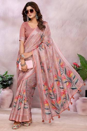 coral colour Elegant printed ready to wear linen shimmer saree with designer blouse