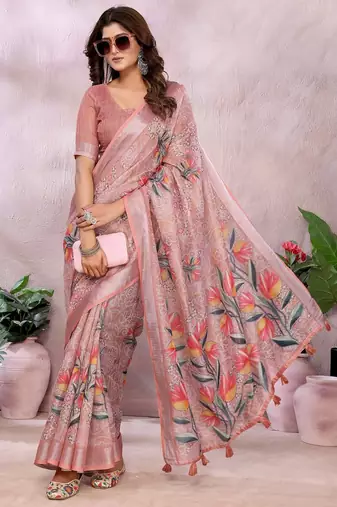 coral colour Elegant printed ready to wear linen shimmer saree with designer blouse