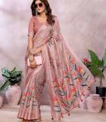 coral colour Elegant printed ready to wear linen shimmer saree with designer blouse