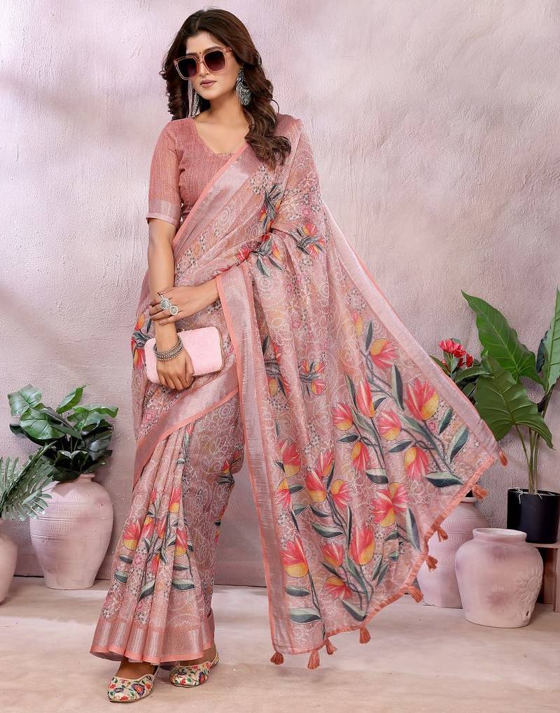 coral colour Elegant printed ready to wear linen shimmer saree with designer blouse