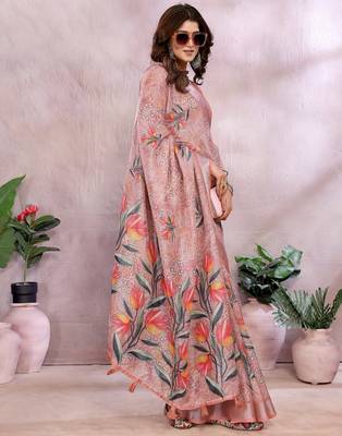 coral colour Elegant printed ready to wear linen shimmer saree with designer blouse 2