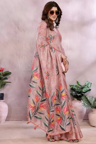 coral colour Elegant printed ready to wear linen shimmer saree with designer blouse