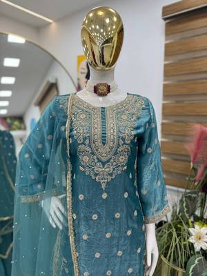 Teal blue fandy silk embroidered palazzo suit set 3
