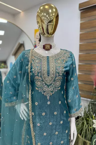 Teal blue fandy silk embroidered palazzo suit set