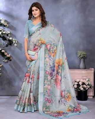 sky blue elegant printed ready made linen shimmer saree with designer blouse 1