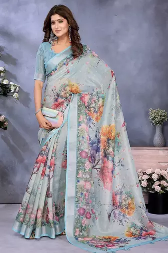 sky blue colour Elegant printed ready to wear linen shimmer saree with designer blouse