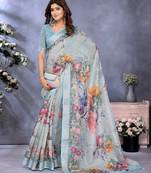 sky blue colour Elegant printed ready to wear linen shimmer saree with designer blouse