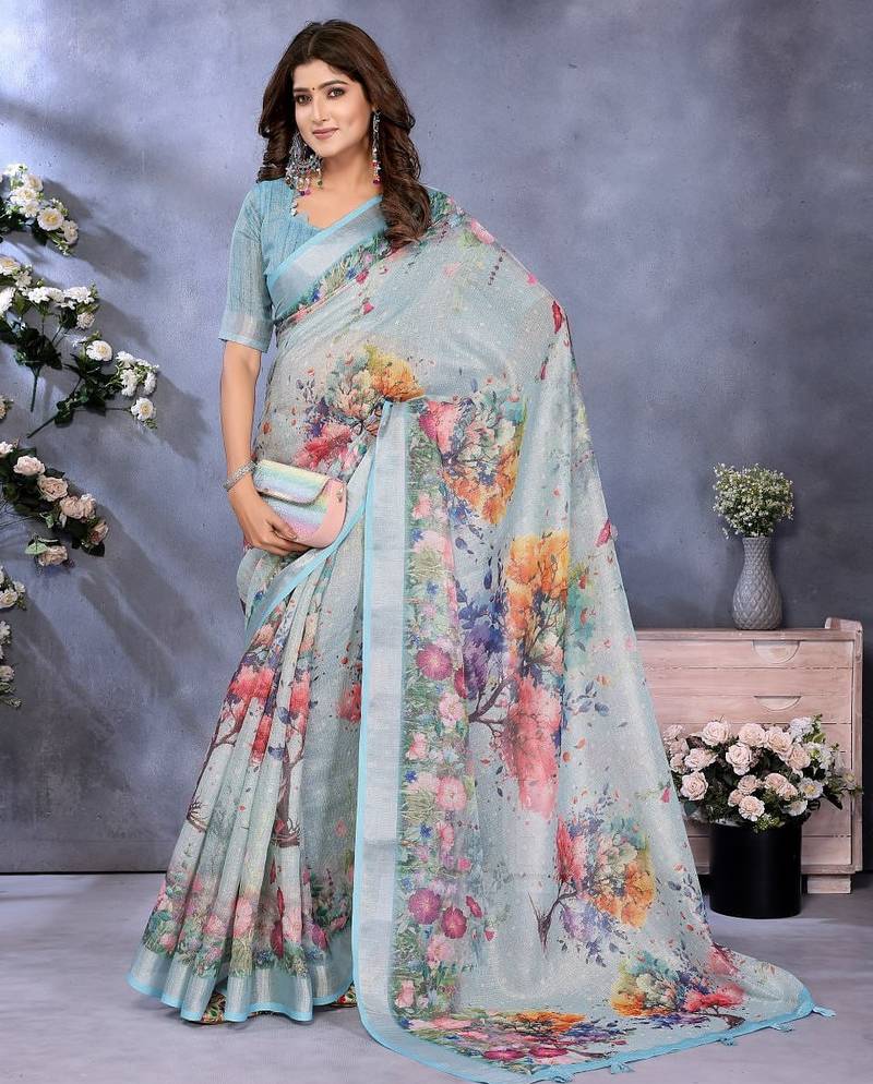 sky blue colour Elegant printed ready to wear linen shimmer saree with designer blouse