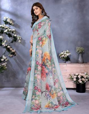 sky blue elegant printed ready made linen shimmer saree with designer blouse 4