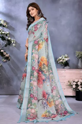 sky blue elegant printed ready made linen shimmer saree with designer blouse