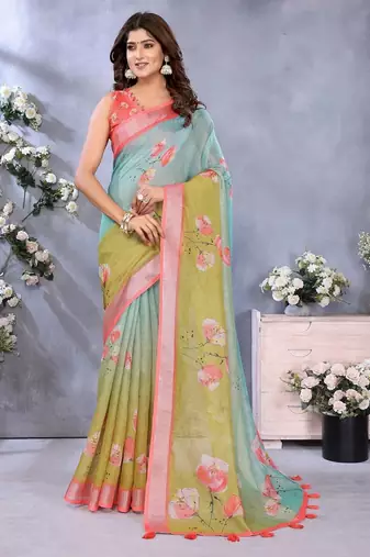 sky blue colour Elegant printed ready to wear linen shimmer saree with designer blouse