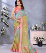 sky blue colour Elegant printed ready to wear linen shimmer saree with designer blouse