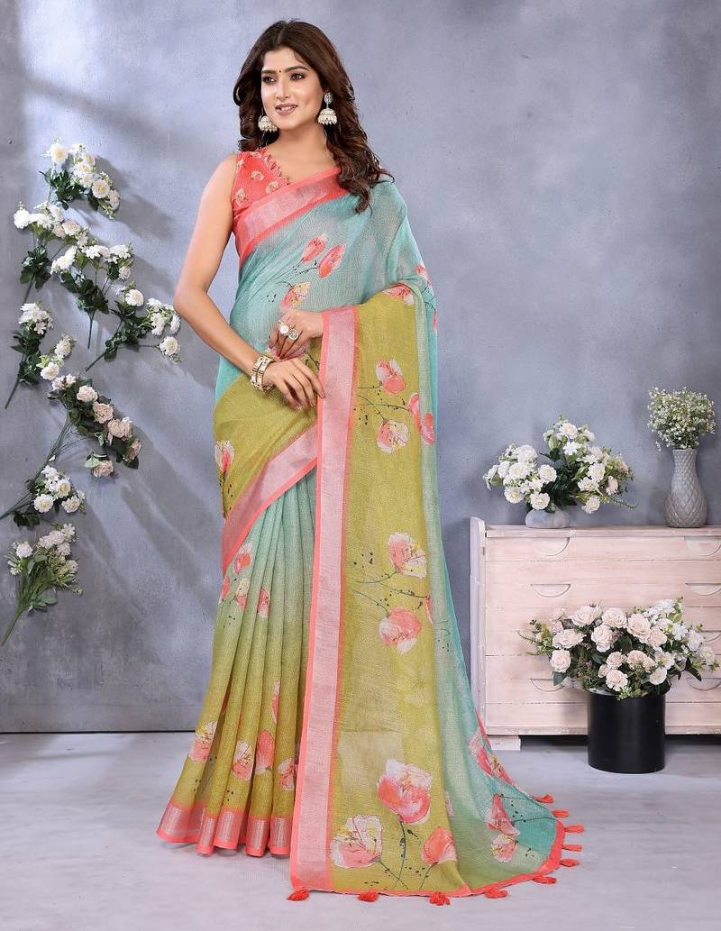 sky blue colour Elegant printed ready to wear linen shimmer saree with designer blouse